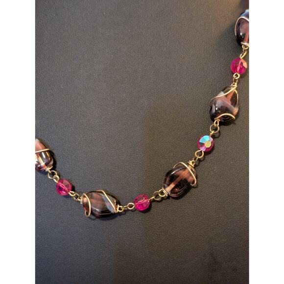 VTG Purple Wire Wrapped Glass Bead & Pink AB Crystal Bead Silver Tone Necklace - Picture 3 of 7
